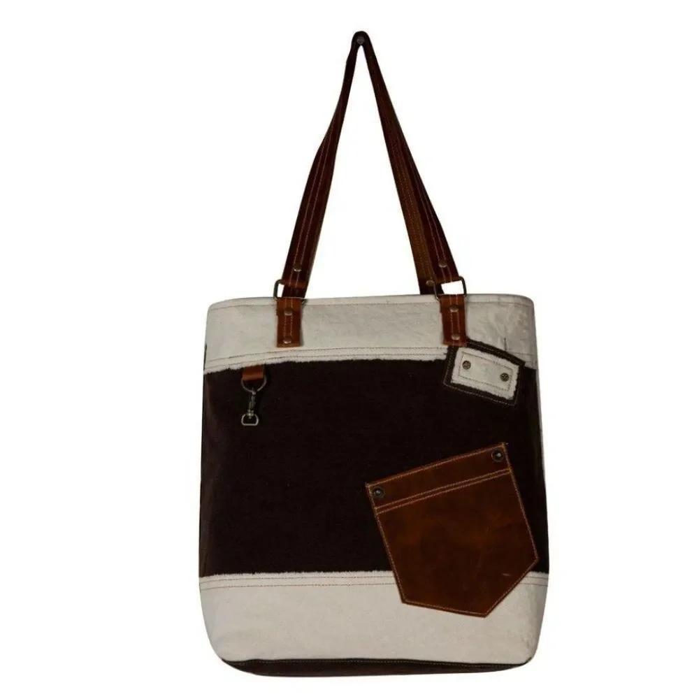 Myra Bag Handmade Designer Tote Bag Upcycled Canvas & Cowhide Leather